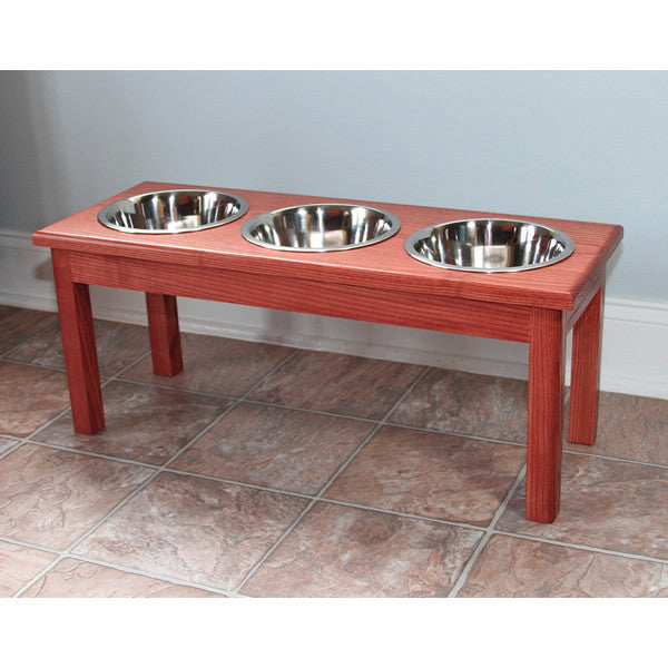 Large Solid Wood 3 Bowl Raised Cherry Oak Finish Dog Diner