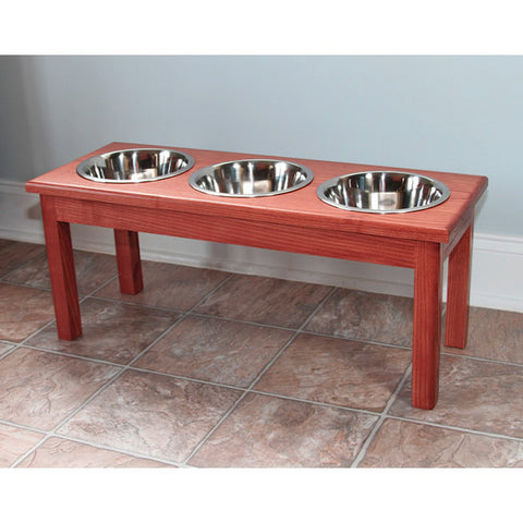 Large Solid Wood 3 Bowl Raised Cherry Oak Finish Dog Diner