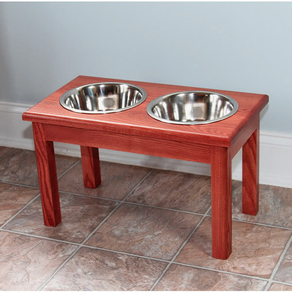 Solid Wood 2 Bowl Cherry Oak Finish Raised Dog Diner
